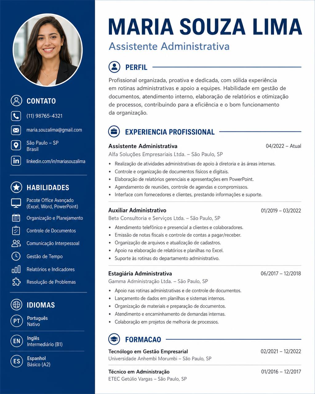 Currículo profissional, com layout limpo e organizado